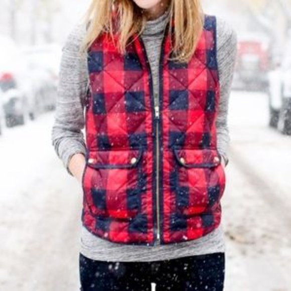 J. Crew Red & Black Plaid Excursion Buffalo Check Puffer Vest - Picture 15 of 16